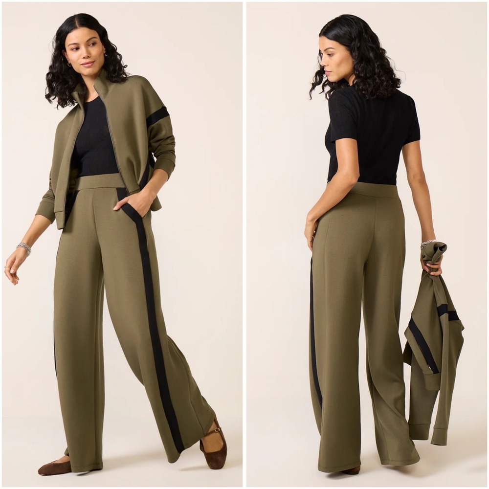 Spanx AirEssentials Striped Track Pant Dark Pine 20617R Olive Green Wide Leg S